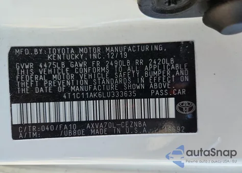 2020 Toyota Camry Le from USA, damaged, VIN 4T1C11AK6LU333635